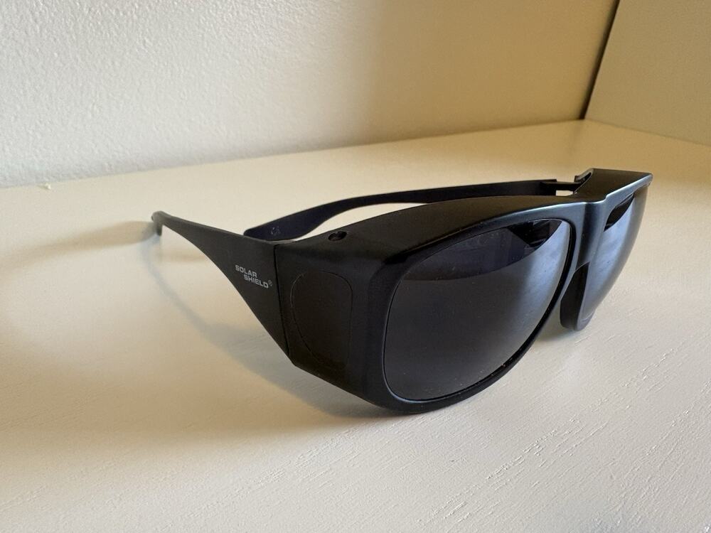 Solar Shield Fit Over Sunglasses Black Wrap Around Side Shields Smoke Lens